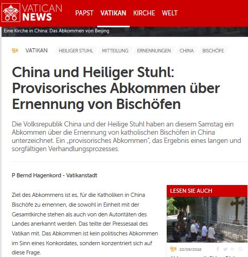 Vatikan und China unterzeichnen Abkommen über Ernennung von Bischöfen