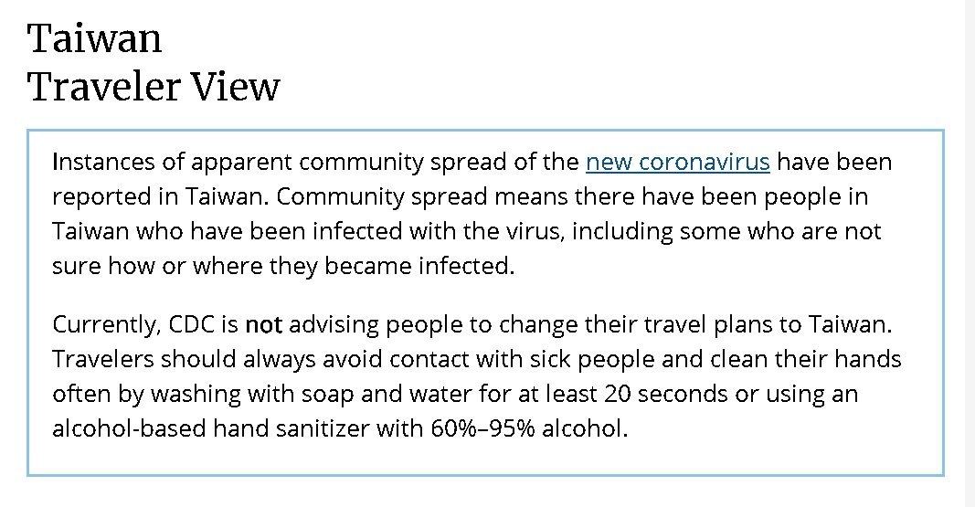US-CDC nennt Taiwan COVID 19-“Verbreitungsgebiet”, Außenministerium verlangt Korrektur