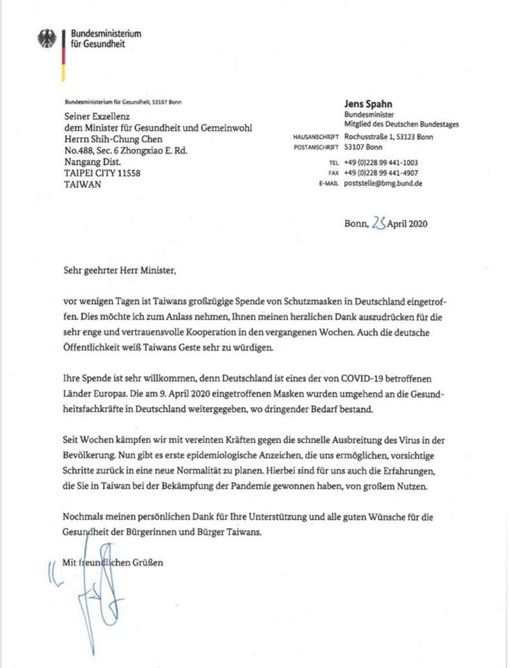 Bundesgesundheitsminister Spahn dankt Taiwan für Spende von Schutzmasken