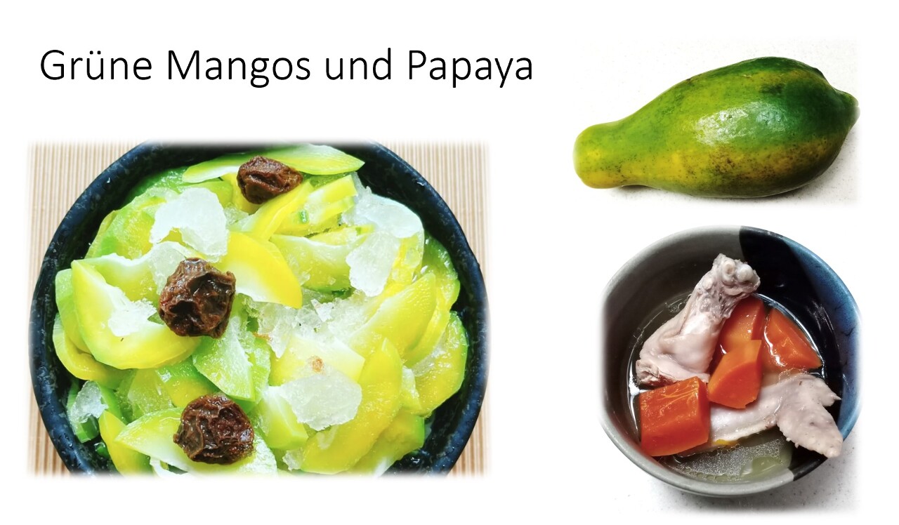 Grüne Mangos und Papaya