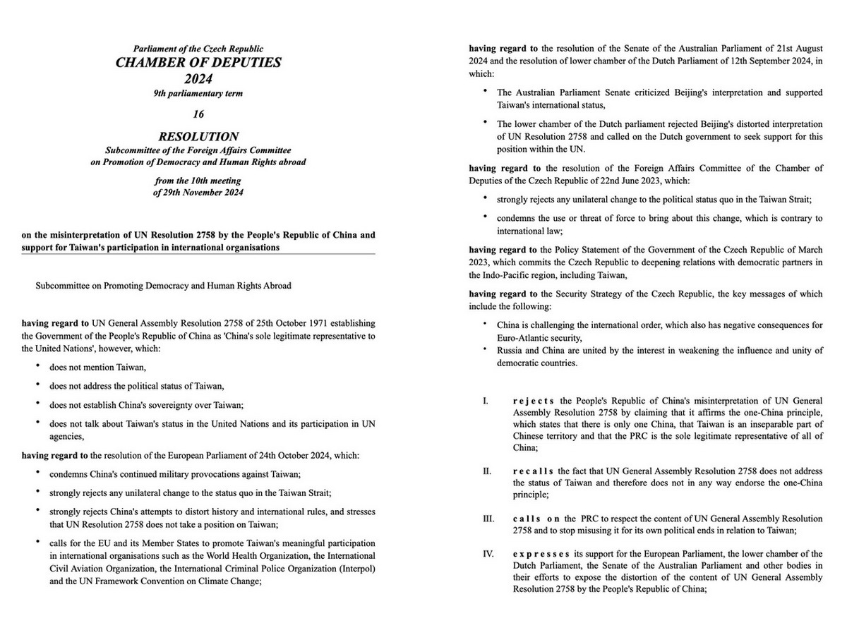 Tschechisches Parlament verurteilt Chinas Interpretation von UN-Resolution